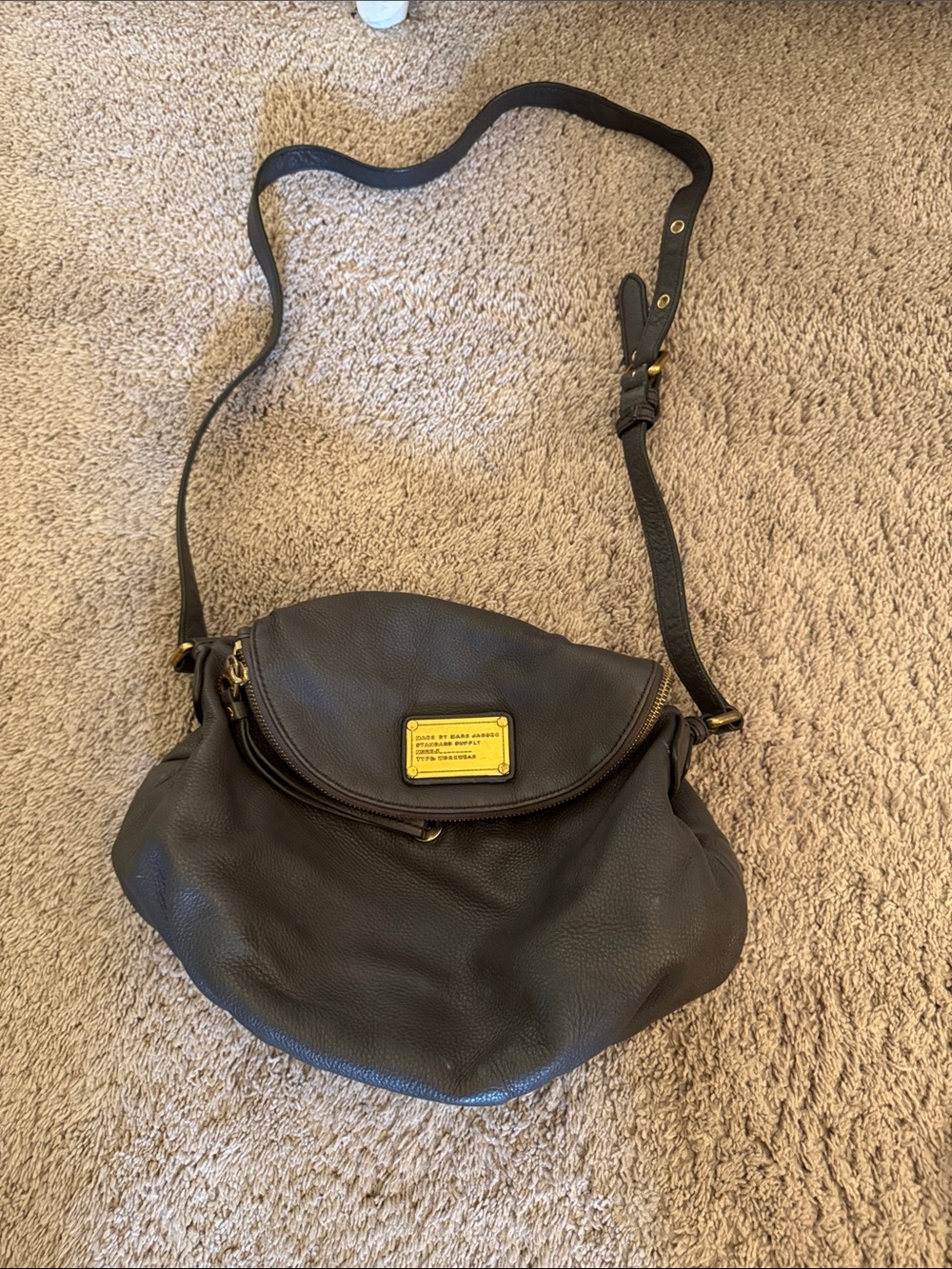 Marc by Marc Jacobs Dark Taupe Pebbled Leather Crossbody with Gold Plaque